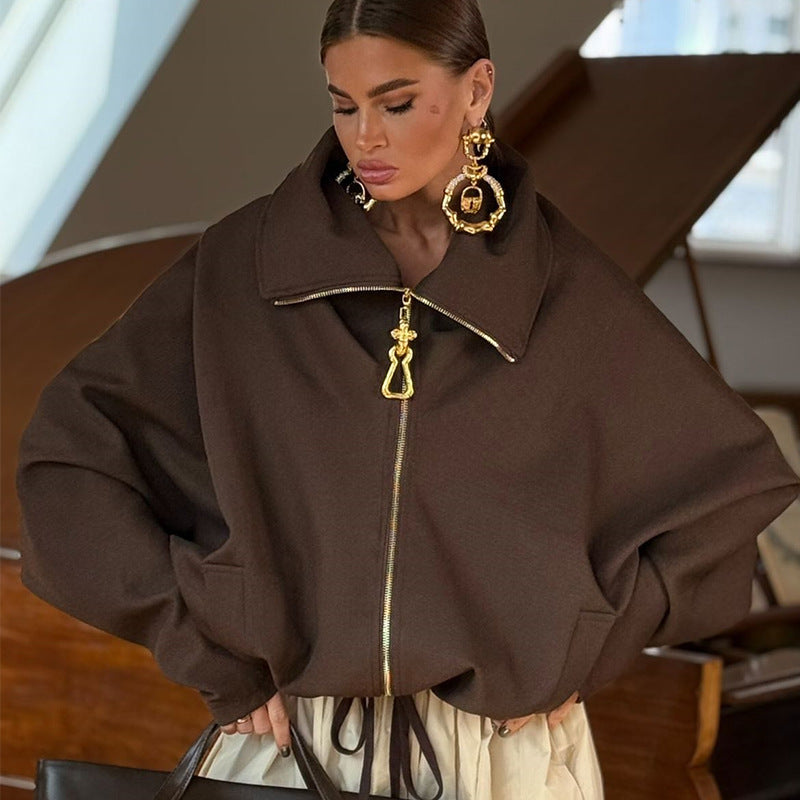 Damen Lässige Oversize-Jacke mit hohem Kragen und Reißverschluss