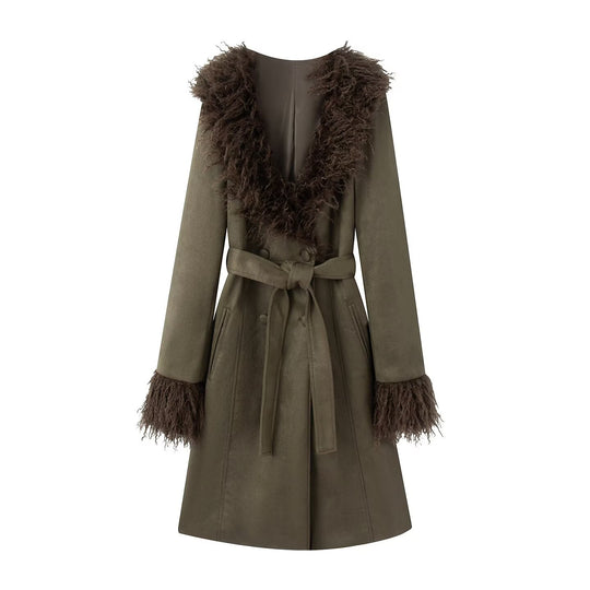 Damen Taillierter langer Mantel aus Veloursimitat mit Faux‑Fellkragen und Bindegürtel Shop Nory