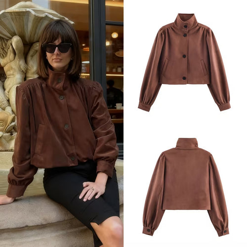 Damen Kurz geschnittene Wildlederoptik-Jacke mit Stehkragen, Ballonärmeln und Leistentaschen Shop Nory