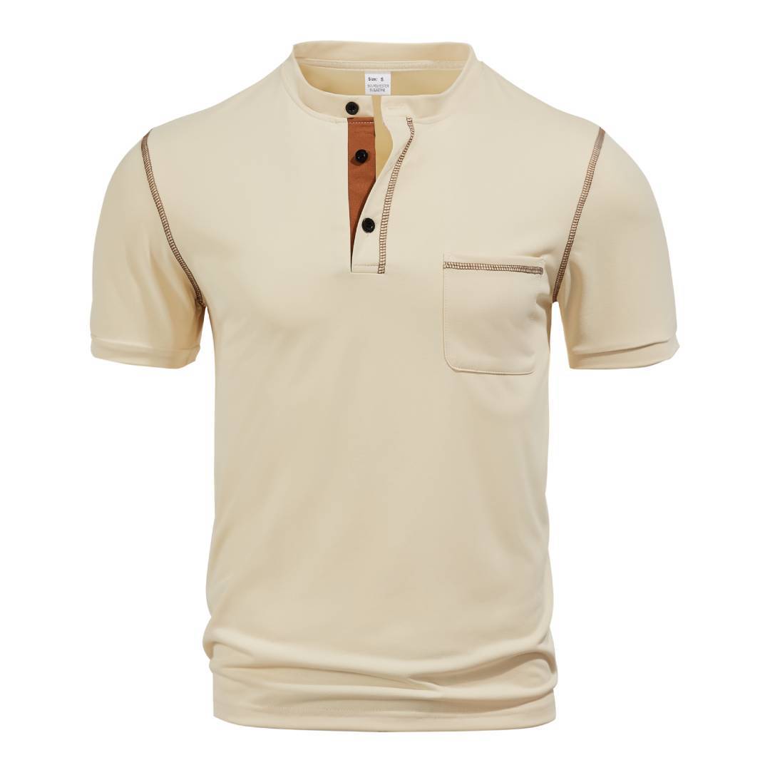 Herren nan kurzärmeliges Henley-Shirt mit Stehkragen, Brusttasche und kontrastierenden Ziernähten