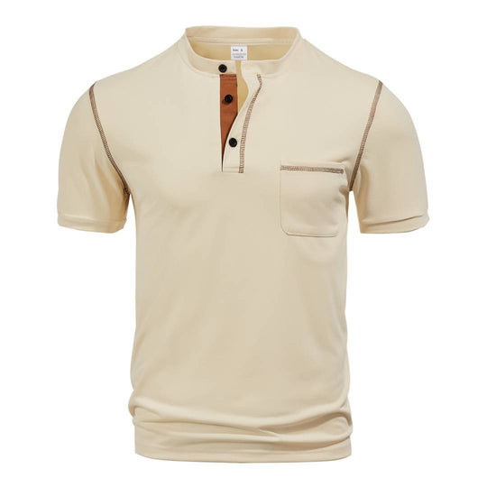 Herren nan kurzärmeliges Henley-Shirt mit Stehkragen, Brusttasche und kontrastierenden Ziernähten