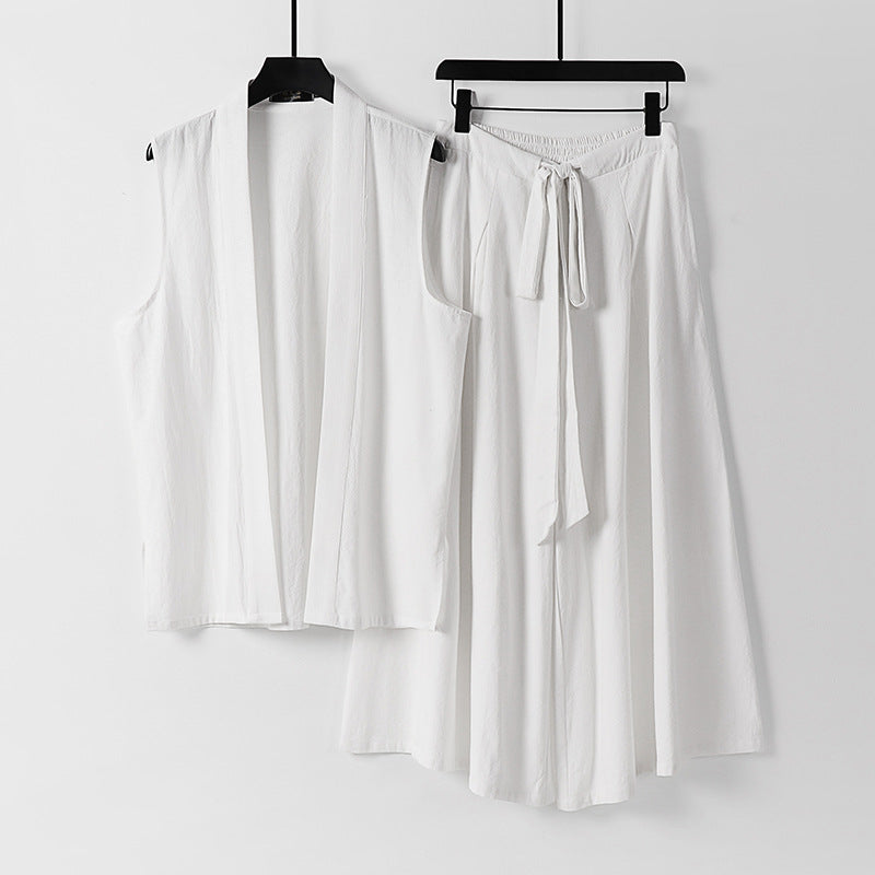 Damen Ärmellose Kimono-Weste und Hochtaillierte Culotte-Hose mit Bindegürtel Shop Nory