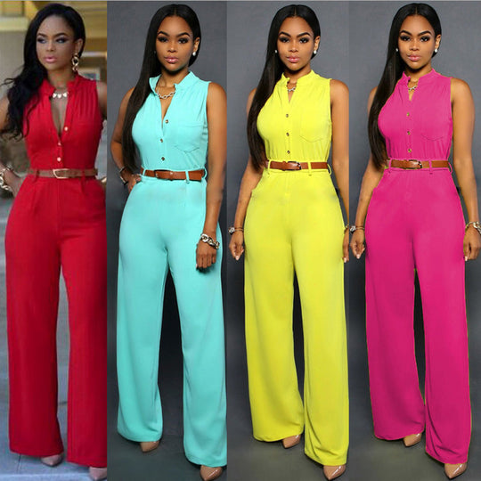 Damen Eleganter Jumpsuit mit Gürtel und Knopfdetail