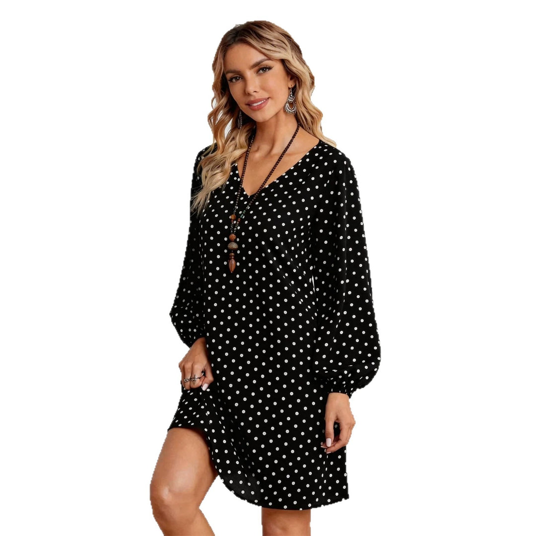Damen Lockeres Tupfen‑Minikleid mit V‑Ausschnitt, Ballonärmeln und schwingender A‑Linie Shop Nory