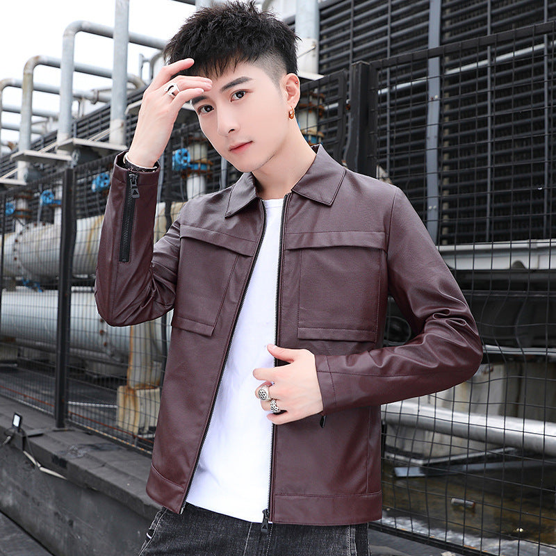 Herren schlanker Kunstleder-Truckerblouson mit Pattentaschen und verdecktem Reißverschluss Shop Nory