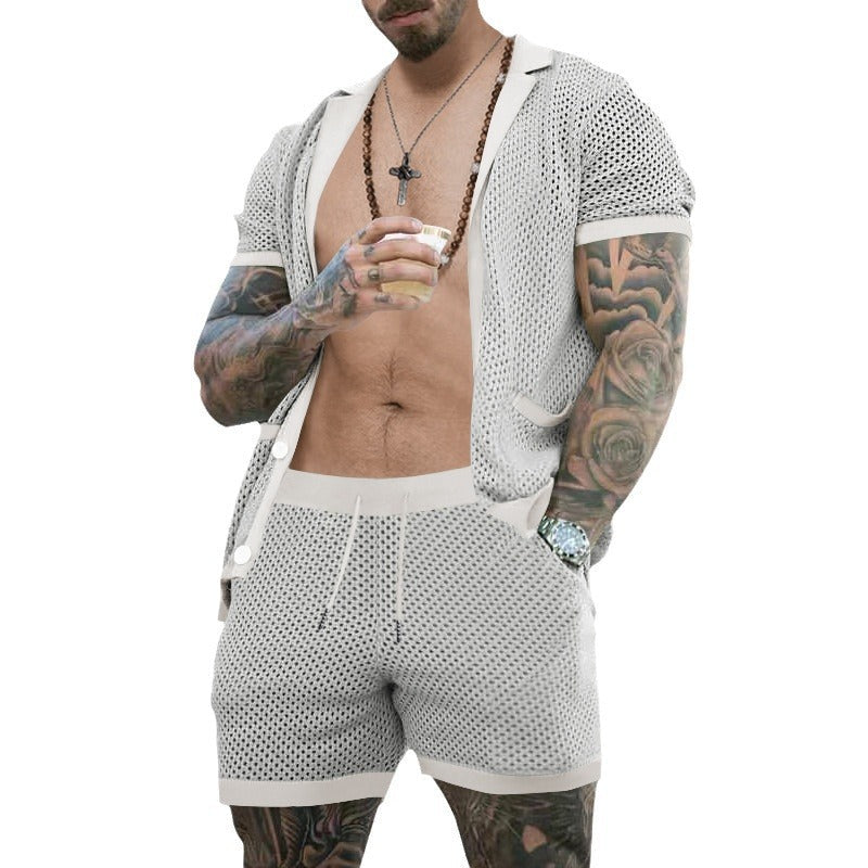 Herren nan offener Netzstrick-Cardigan mit passenden Kordelzug-Shorts