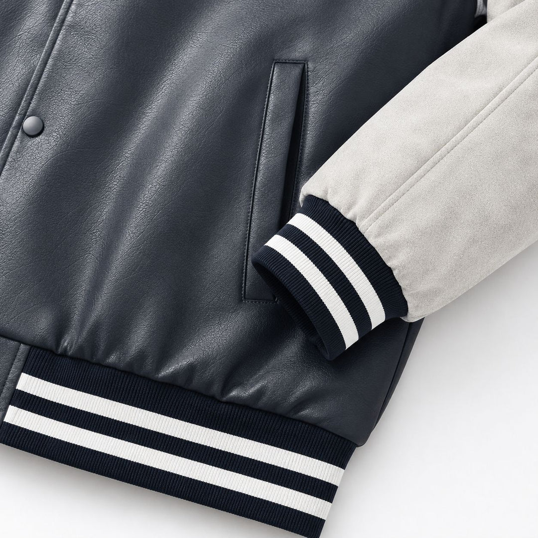 Herren Varsity-Bomberjacke im Retro-College-Stil mit Kunstlederkörper und Kontrastärmeln Shop Nory