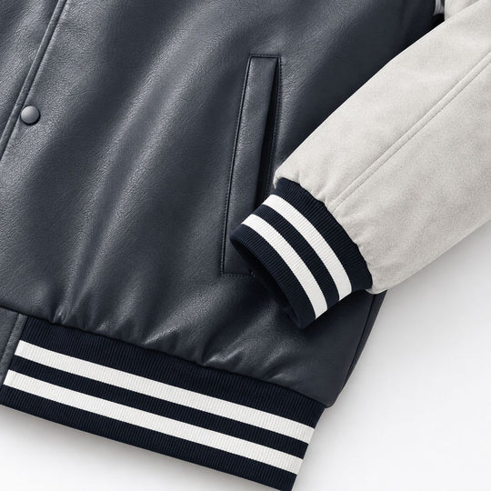Herren Varsity-Bomberjacke im Retro-College-Stil mit Kunstlederkörper und Kontrastärmeln Shop Nory