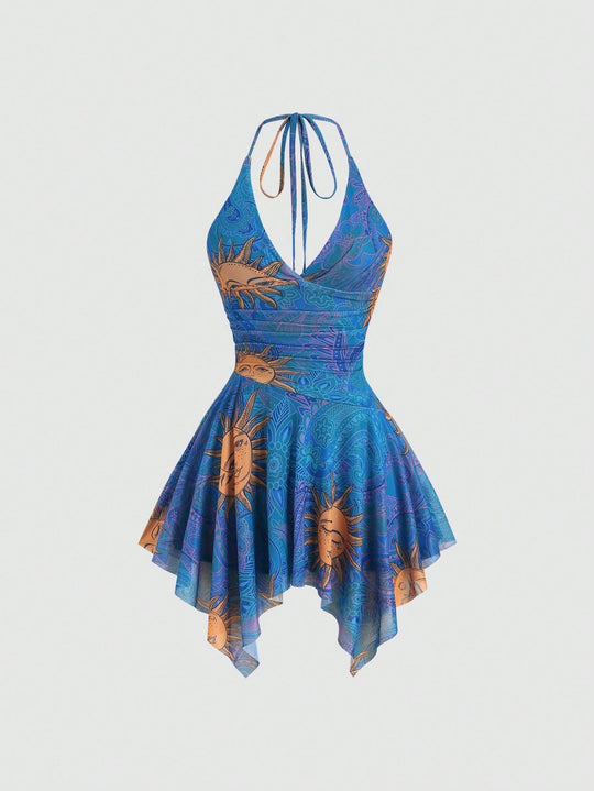Damen lässiges Strandkleid mit asymmetrischem Saum und raffiniertem Druck