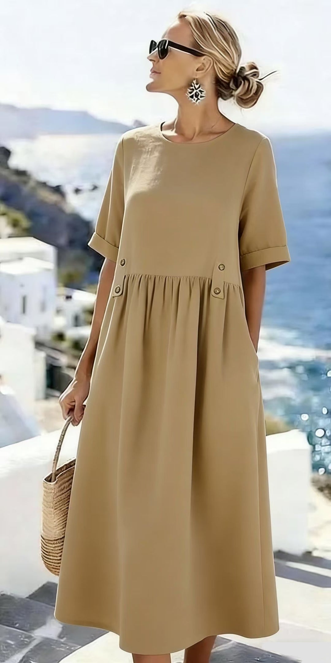 Damen Langes Leinenoptik-Sommerkleid mit geraffter Taillenpartie und Eingrifftaschen Shop Nory