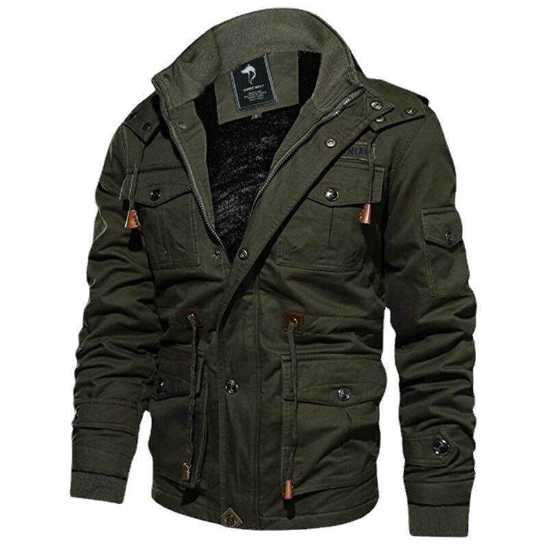 Herren Militärinspirierte Canvas-Fieldjacke mit Kapuze, Kordzug‑Taille und Fleece‑Innenfutter Shop Nory