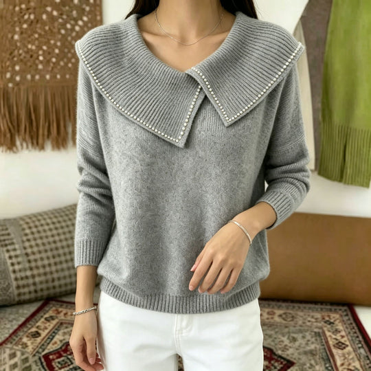 Damen Pullover mit übergroßem Matrosenkragen und Perlenbesatz Shop Nory