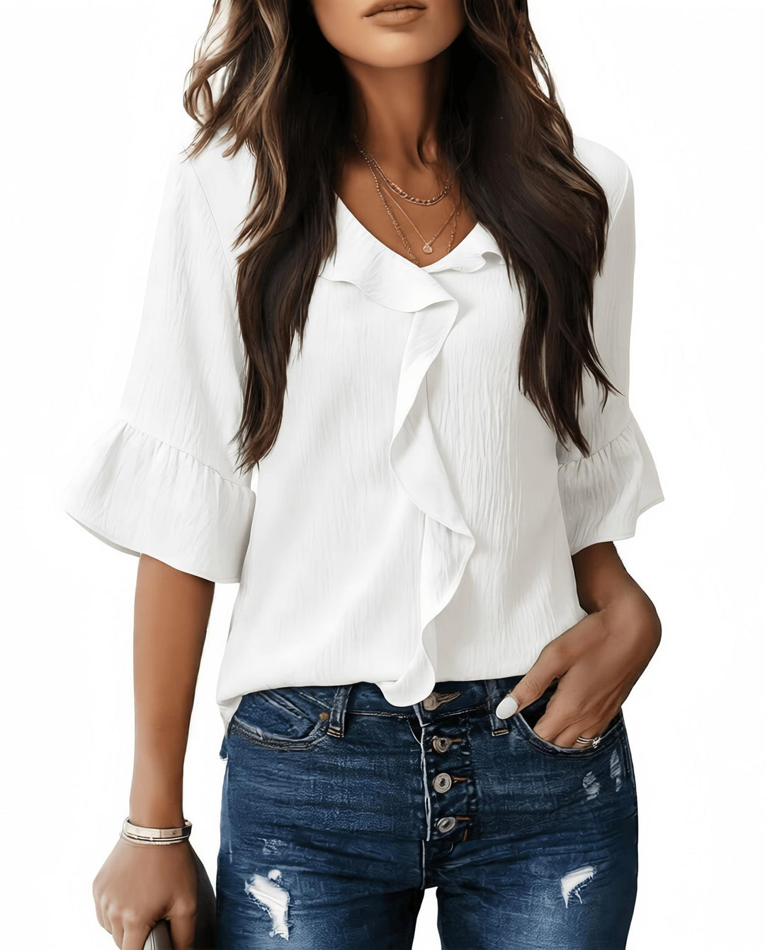 Damen Rüschenbluse mit V-Ausschnitt und Glockenärmeln Shop Nory