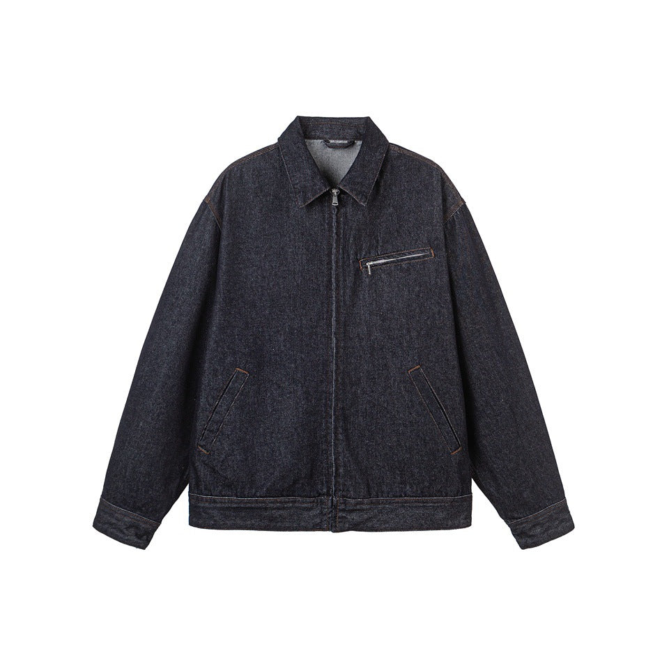 Herren Locker geschnittene Denim-Worker-Jacke mit verdecktem Reißverschluss und schräger Brusttasche Shop Nory