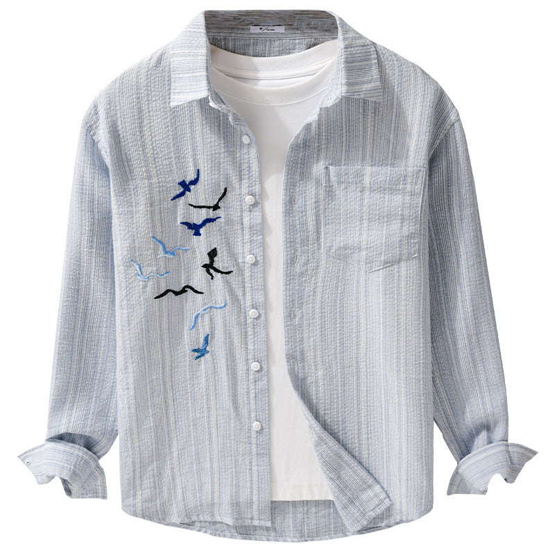 Herren Leichtes gestreiftes Overshirt aus Leinen-Baumwollmix mit Vogelstickerei Shop Nory
