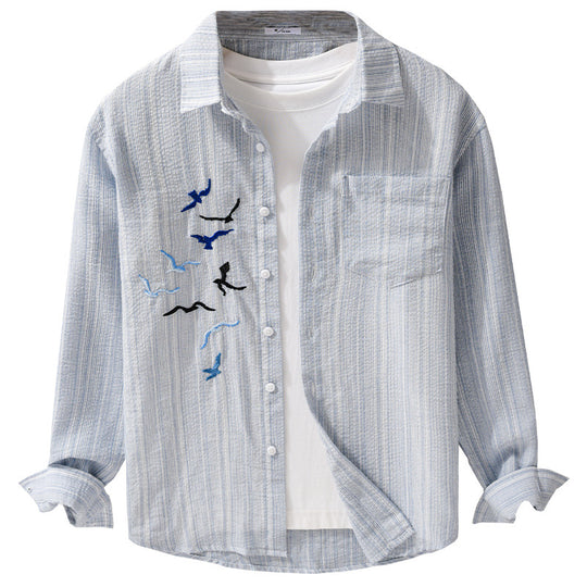Herren Leichtes gestreiftes Overshirt aus Leinen-Baumwollmix mit Vogelstickerei Shop Nory