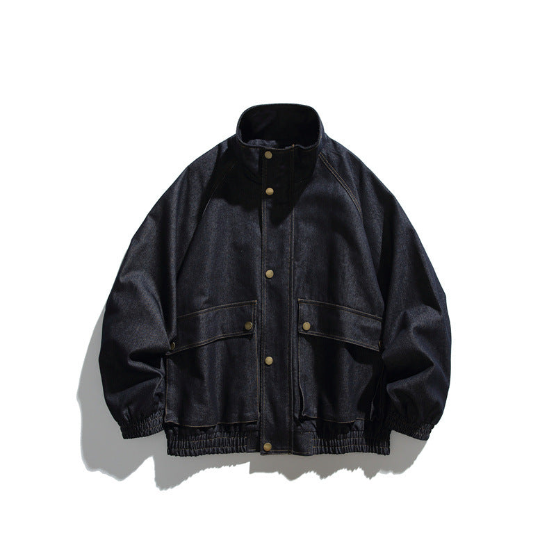 Unisex Boxy Jeansblousonjacke mit Stehkragen, Druckknopffront und elastischem Saum Shop Nory