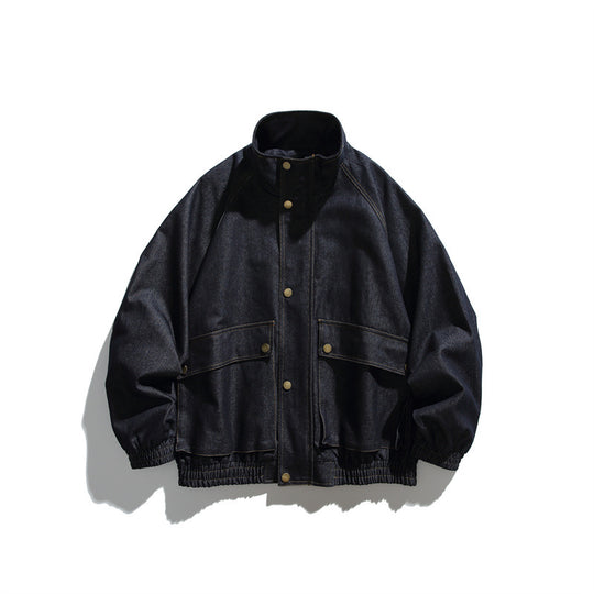 Unisex Boxy Jeansblousonjacke mit Stehkragen, Druckknopffront und elastischem Saum Shop Nory