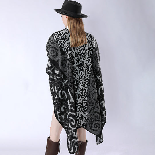 Damen Oversize-Kimono-Poncho im Jacquardstrick mit ornamentalem Muster und V-Ausschnitt Shop Nory