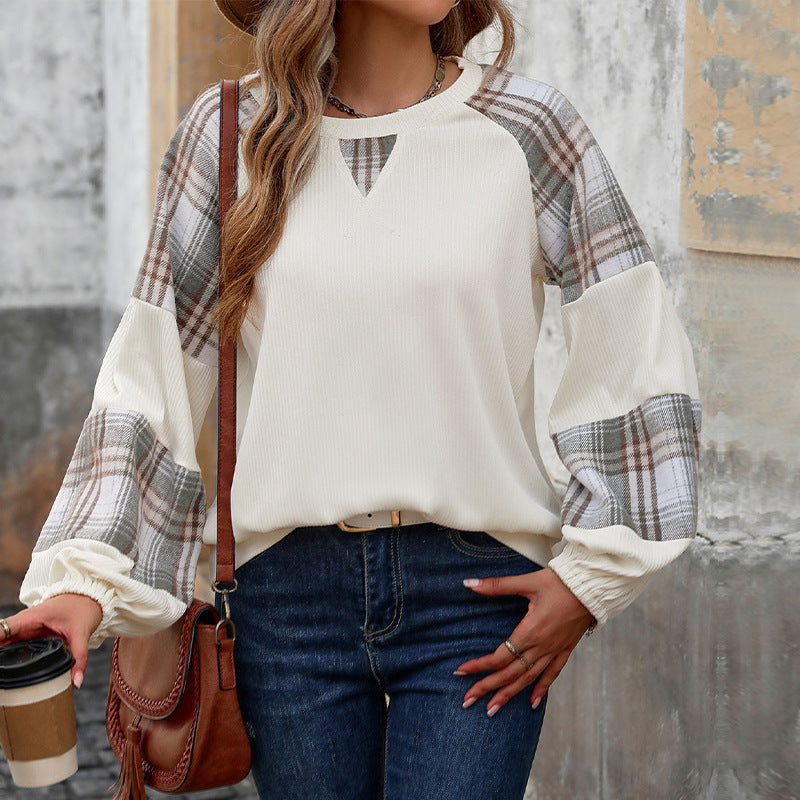 Damen Legeres Raglan-Sweatshirt mit karierten Ballonärmeln, Keyhole-Ausschnitt & gerafften Bündchen Shop Nory