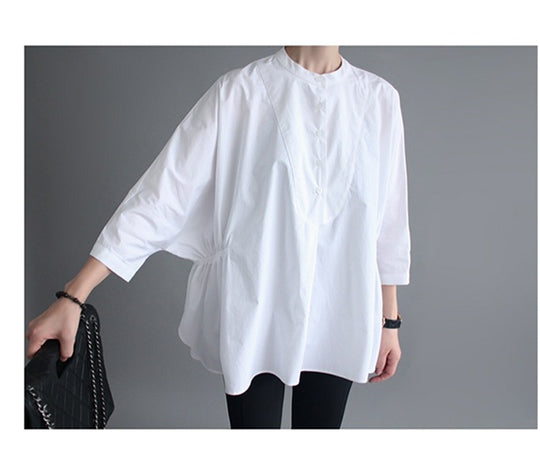 Damen Oversized-Bluse mit Stehkragen, ballonförmiger Silhouette und 3/4-Ärmeln Shop Nory