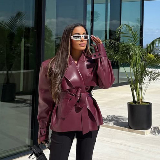 Damen Taillierter Lederimitat-Blouson mit Bindegürtel und voluminöser Schulterpartie Shop Nory