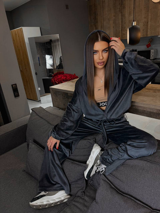 Damen luxuriöses Velours-Cropped-Hoodie und High-Waist Weite Jogginghose Set Shop Nory