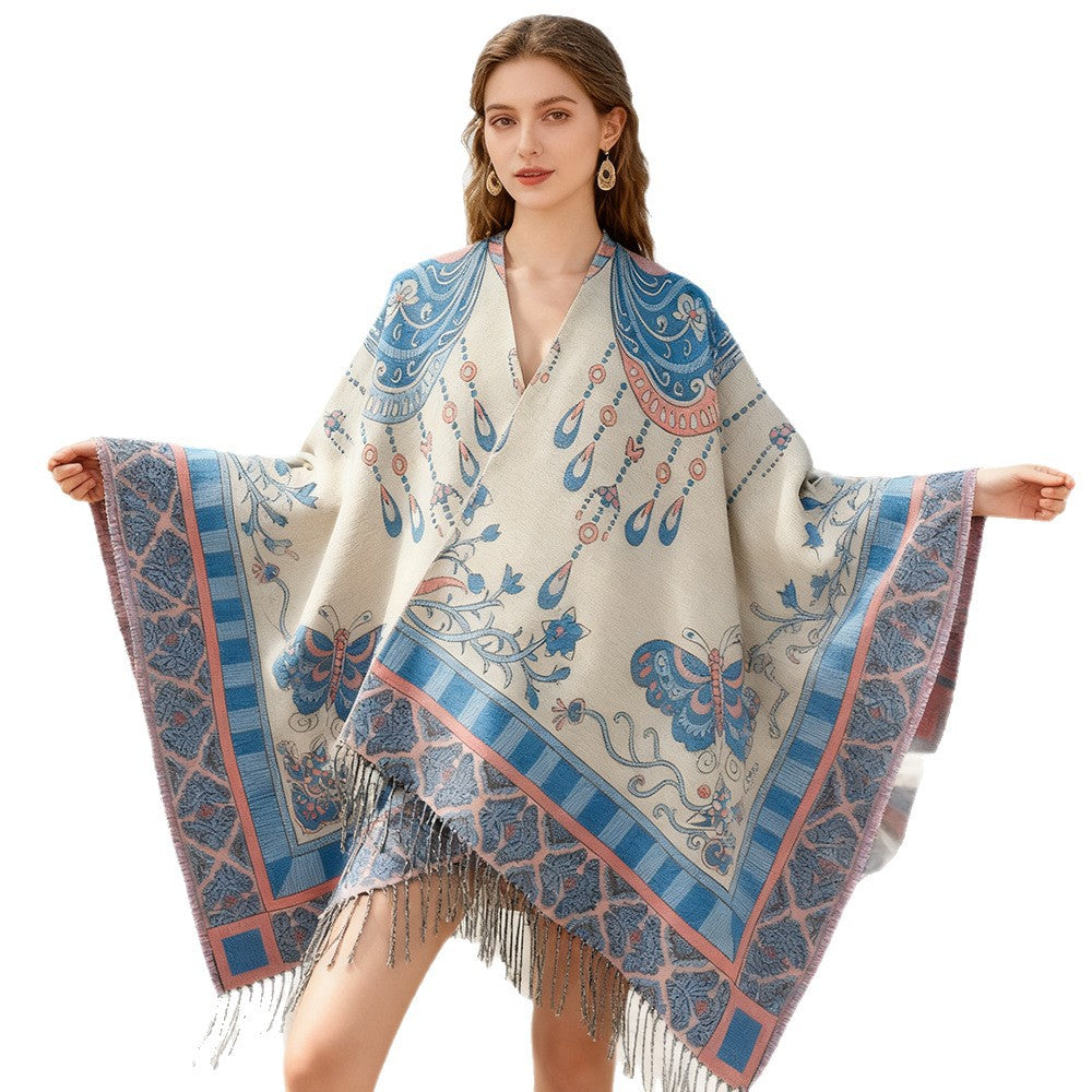 Damen Gewebter Kimono-Poncho mit Ornamentjacquard, V-Ausschnitt und Fransensaum Shop Nory
