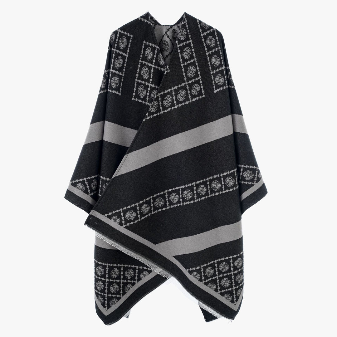 Damen Jacquard-Überwurf im Cape‑Stil mit Paisley‑Bordüre und Fransen Shop Nory