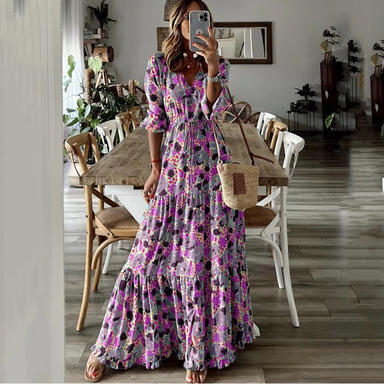 Damen Maxikleid mit Blumenprint, V‑Ausschnitt, Stufenvolant und Tunnelzugtaillen Shop Nory