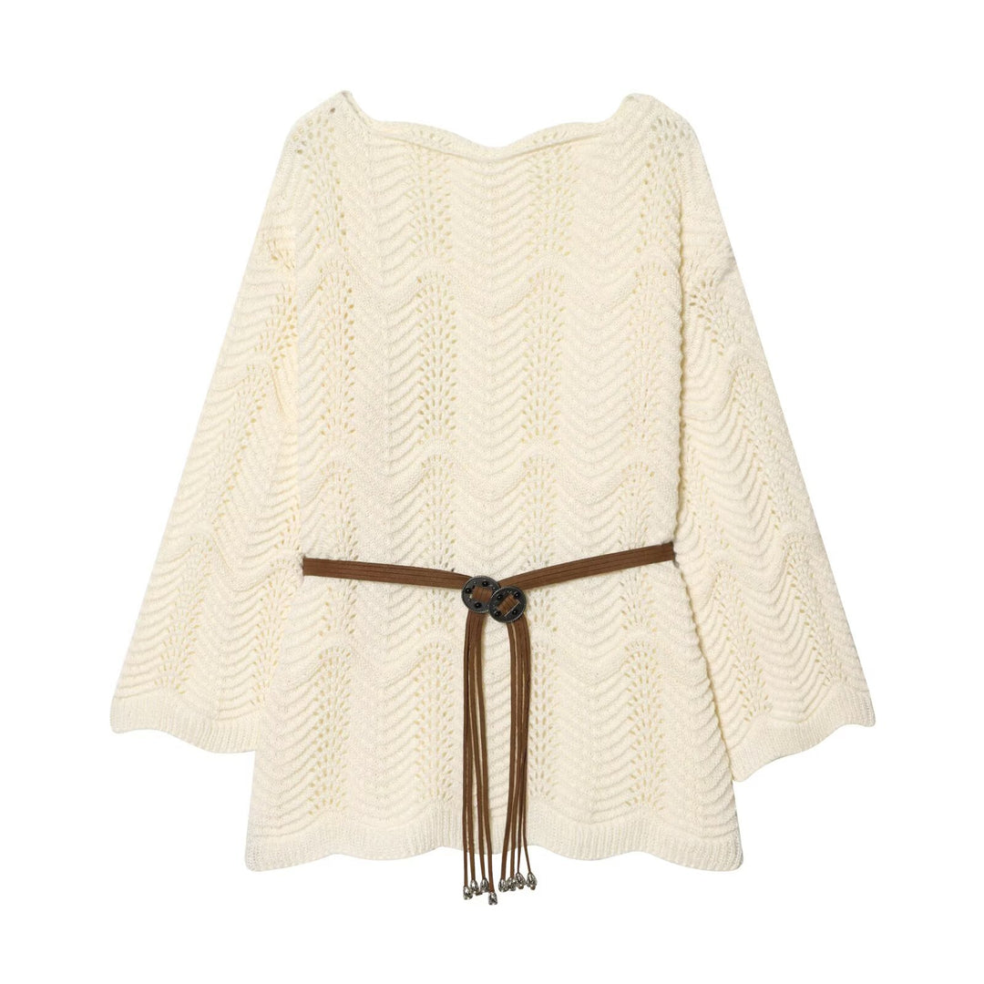 Damen Strickponcho mit Zickzack‑Ajourmuster und Taillengürtel Shop Nory