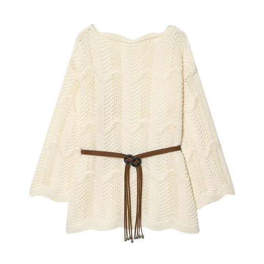 Damen Strickponcho mit Zickzack‑Ajourmuster und Taillengürtel Shop Nory