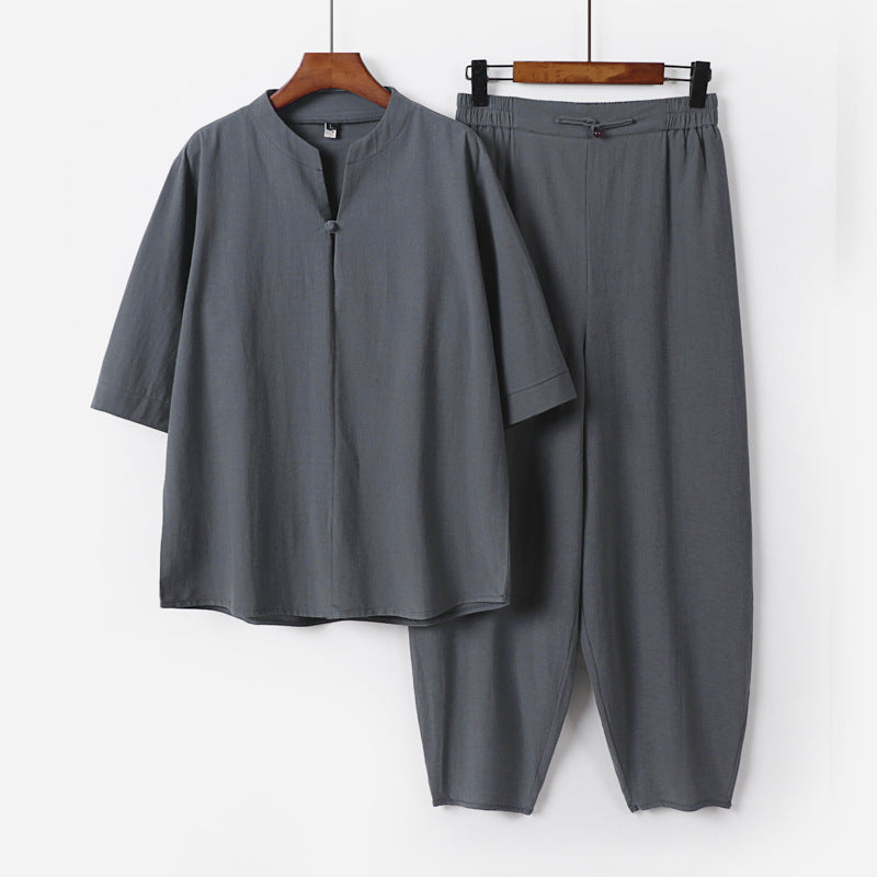 Herren Zweiteiliges Leichtes Leinen-Baumwoll-Set mit Mandarin-Kragen und elastischer Bundhose Shop Nory