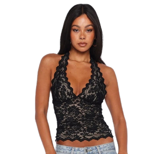 Damen Spitzen-Top mit tiefem V-Ausschnitt und raffinierten Details