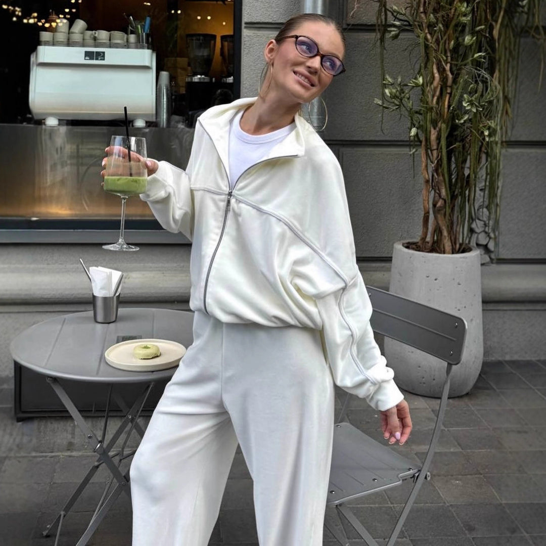 Damen Relaxed-Fleece-Set mit halblanger Zipjacke und extraweiter High-Waist Jogginghose Shop Nory