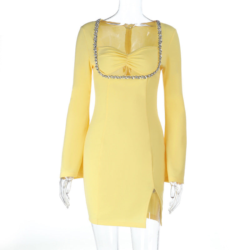 Damen Langärmeliges Bodycon-Minikleid mit gerafftem Bustier, eckigem Strass‑Ausschnitt und Seitenschlitz Shop Nory
