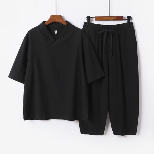 Herren Atmungsaktives Leinen-Baumwoll Lounge-Set mit asymmetrischem V-Kragen und elastischer Kordelhose Shop Nory