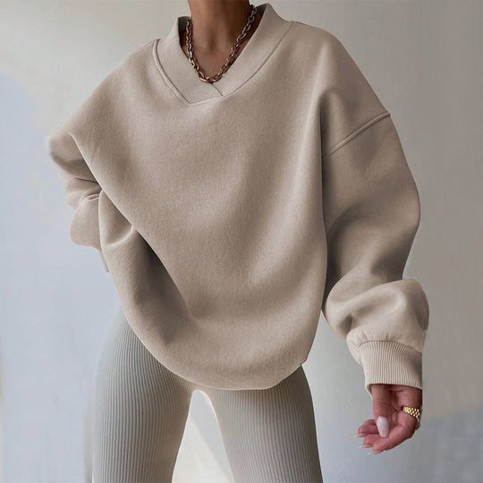 Damen Oversized V-Ausschnitt Sweatshirt mit verstärktem Rippkragen und extraweitem Cut Shop Nory