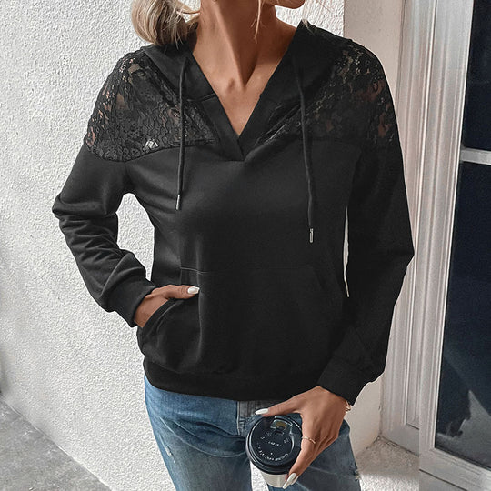 Damen Hoodie mit V-Ausschnitt, Spitzen-Schulterbesatz und Kängurutasche Shop Nory