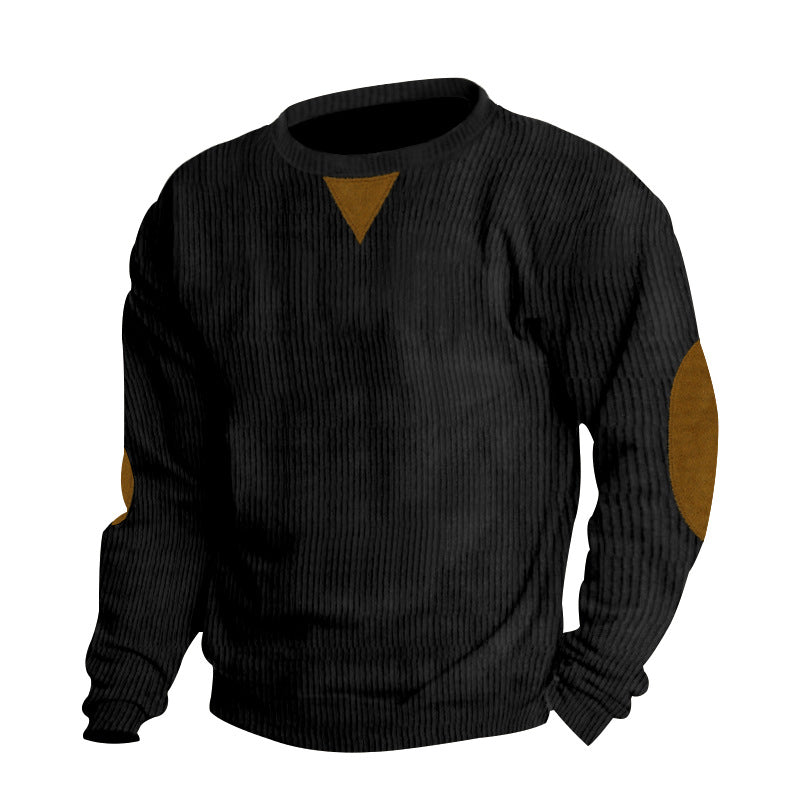 Herren nan grobgerippter Rundhals-Strickpullover mit Ellbogenpatches und Dreiecksdetail
