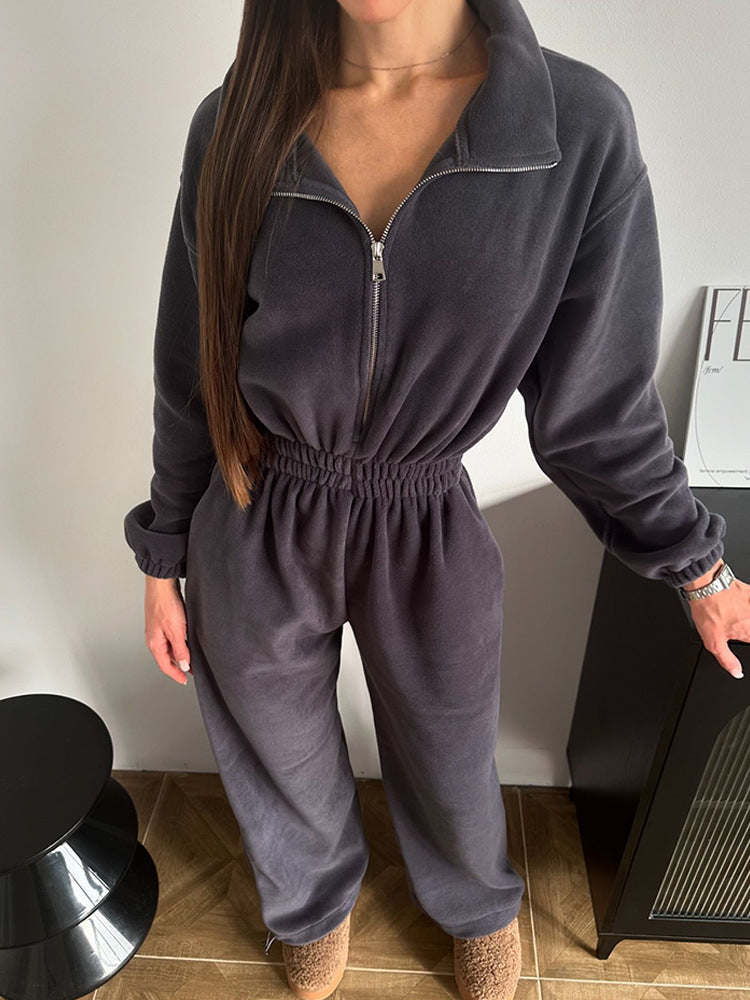 Damen kuscheliger Plüsch-Jumpsuit mit halbem Reißverschluss und elastischer Taille Shop Nory