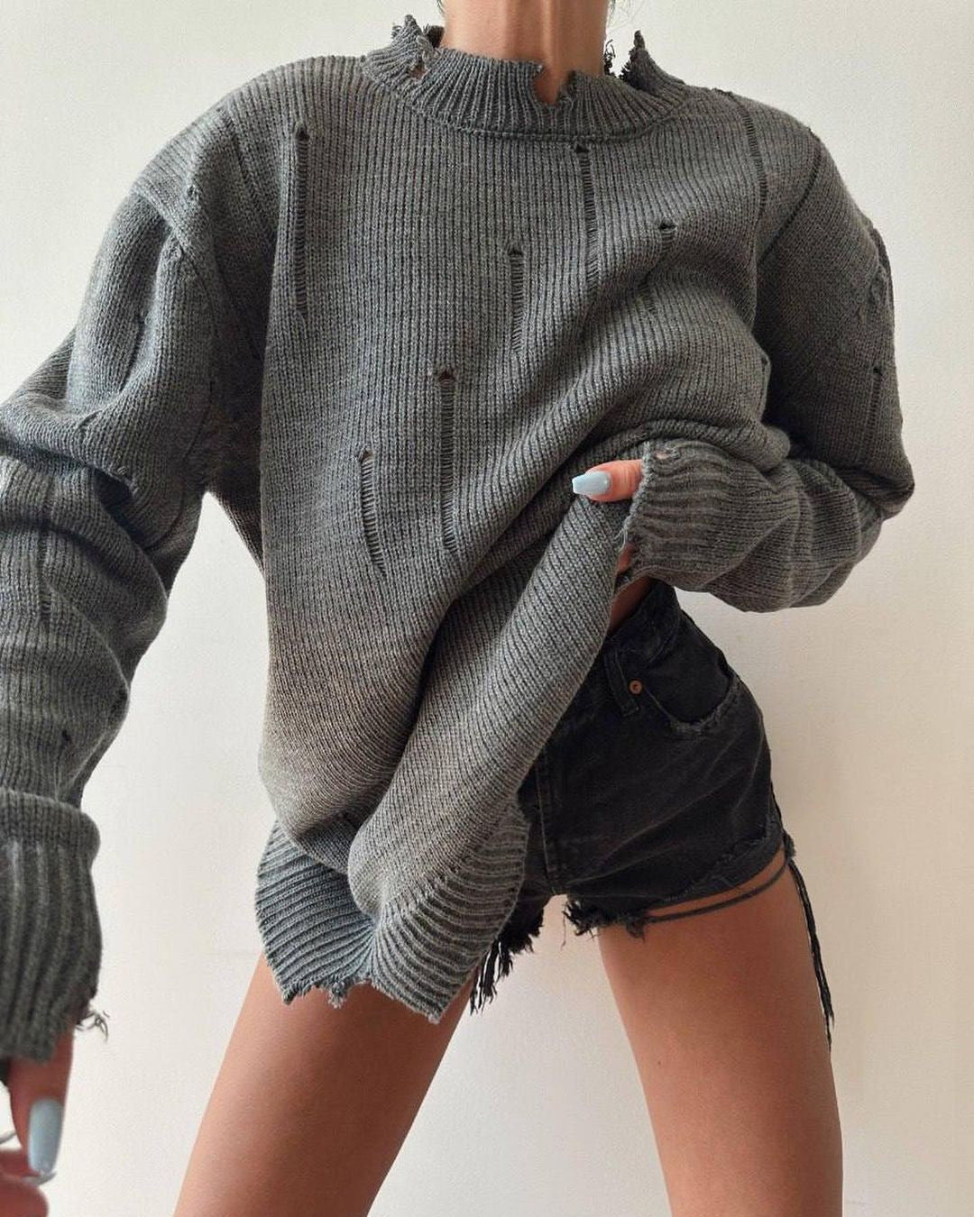 Damen Oversized Grobstrickpullover mit Distressed-Details und geripptem Saum Shop Nory