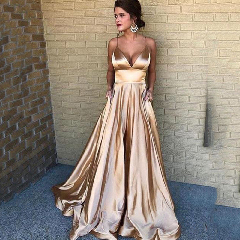 Damen A-Linien Abendkleid mit tiefem Ausschnitt und schmalen Trägern