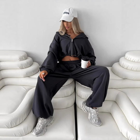 Damen weit geschnittenes Cropped-Zip-Hoodie und Palazzo-Jogger Set Shop Nory