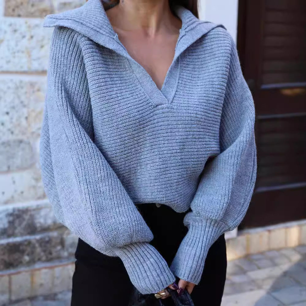 Damen Oversize Rippsweater mit Reverskragen und tiefem V‑Ausschnitt Shop Nory