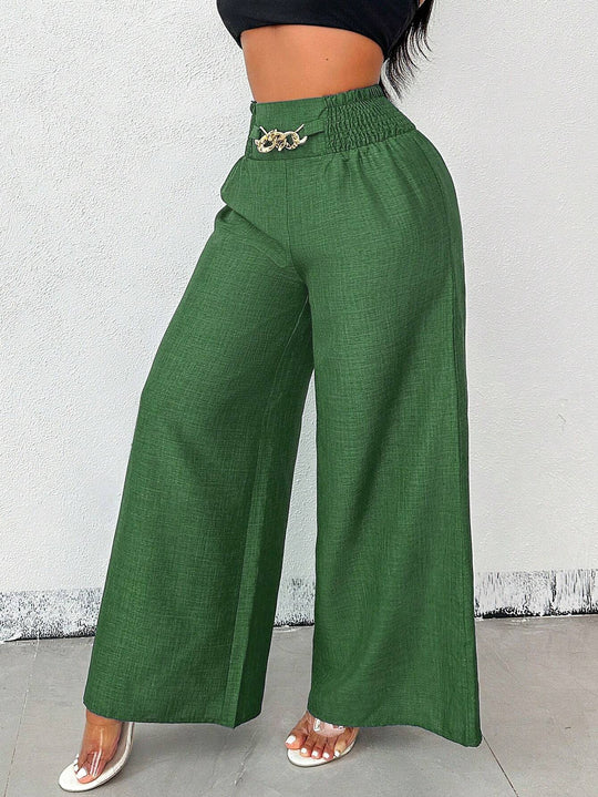 Damen Weite Leinenoptik-Hose mit hohem Smokbund und dekorativer Kettenapplikation Shop Nory