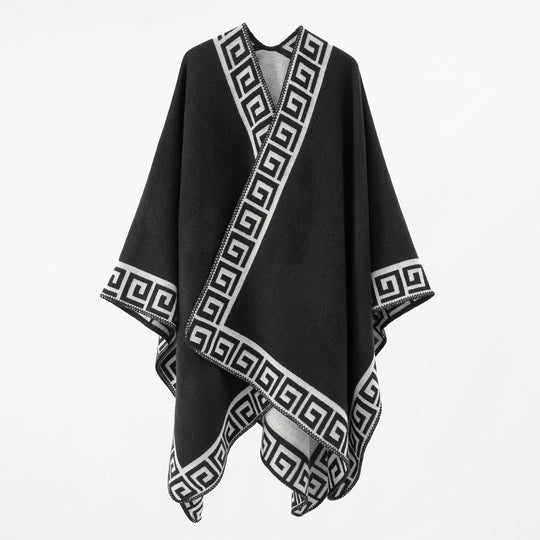 Damen Cape‑Poncho mit Mäander‑Bordüre und Wollmix‑Qualität Shop Nory