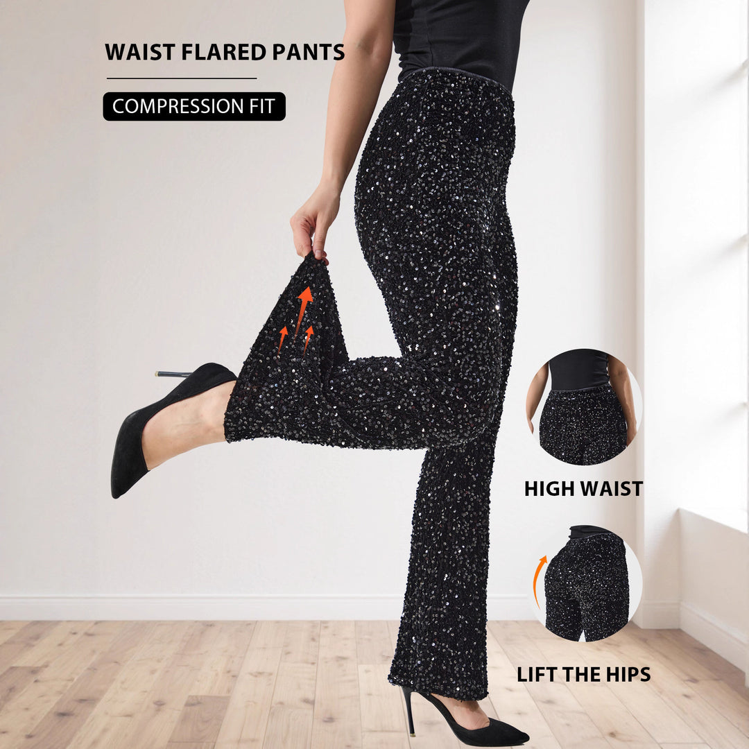 Damen Glitzernde Pailletten-Hose mit weitem Bein und hoher Taille Shopy Nory