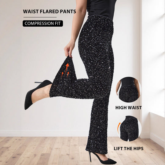 Damen Glitzernde Pailletten-Hose mit weitem Bein und hoher Taille Shopy Nory