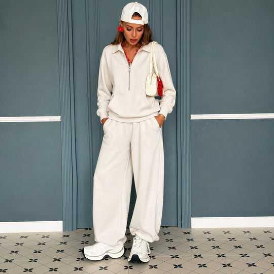 Damen lässiges Zip-Sweatset mit Polokragen und weitem Jogger-Schnitt Shop Nory